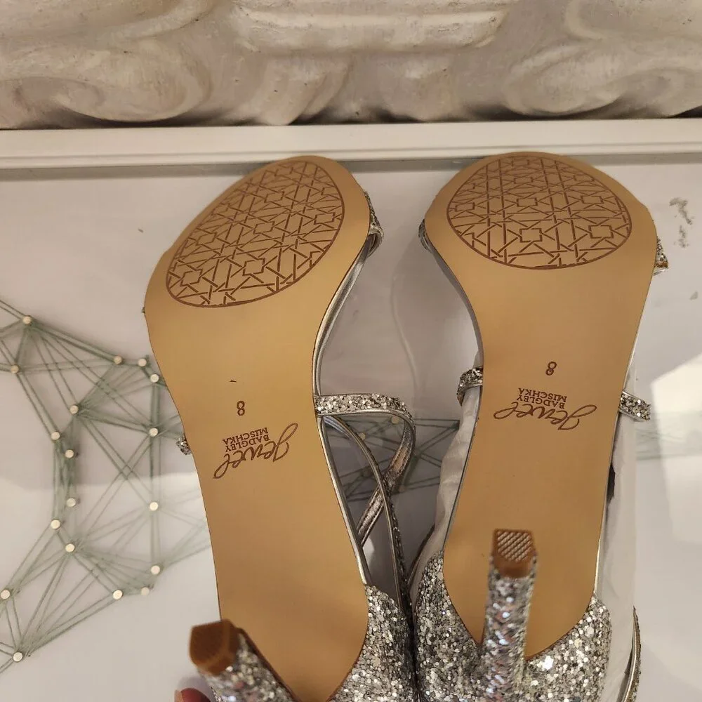 Jewel Badgley Mischka Dimitra Heeled Sandals Silver Glitter. Size Various. NIB